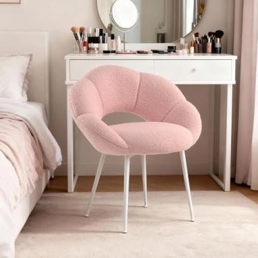 Imagem de SDXYSTCE Cadeira de maquiagem pétala com encosto, cadeira de leitura estofada com detalhes de maquiagem, sem rodas, cadeira de jantar moderna para casa, escritório, quarto, pelúcia de pelúcia (rosa)