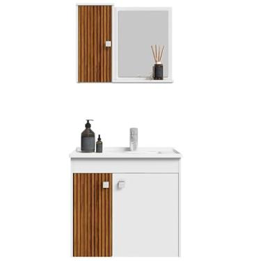 Imagem de Gabinete Kit Completo Com Pia de Mármore Sintético e Armário Com Espelho (BRANCO/3D RIPADO)