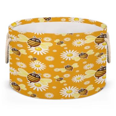 Imagem de Cesto grande redondo de armazenamento com estampa de margaridas e abelhas, organizador de brinquedos para crianças, dobrável, com alça, cesto de roupa suja para sala de estar, lavanderia, berçário