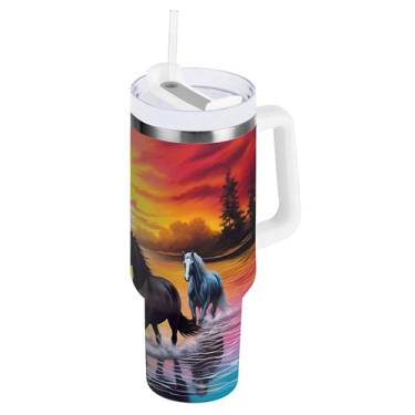 Imagem de xigua Copo Majestic Horse 1,134 g com tampa e canudo, aço inoxidável de vácuo duplo isolado garrafa de água esportiva suporte para copo de café de viagem à prova de vazamento para bebida gelada