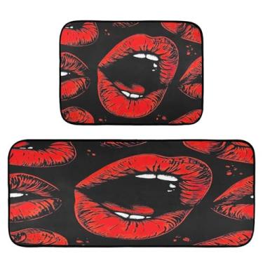 Imagem de GUIJI Tapete de cozinha com lábio vermelho, confortável, antiderrapante, 2 peças, tapete de cozinha para cozinha, lavanderia, decoração de banheiro