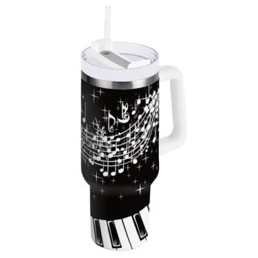 Imagem de Blueangle Copo isolado de 850 g com alça e tampa de canudo - Caneca de viagem de aço inoxidável à prova de vazamento, teclas de piano a vácuo de parede dupla, notas musicais, garrafa de água (573)