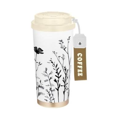 Imagem de SEHANY Caneca de viagem com flores pretas e brancas de 482 ml, copos de café reutilizáveis revestidos de cerâmica com tampa à prova de vazamento, parede dupla, isolamento a vácuo, copo de café de aço