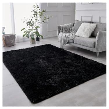 Imagem de SPXMQSS Tapete macio e longo de pelúcia para sala de estar, tapetes antiderrapantes que não caem para quarto, lavável na máquina para sala de estar, quarto, cabeceira, casa, preto 200 x 300 cm