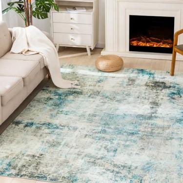 Imagem de Carvapet 20 x 25 tapetes para sala de estar, quarto, azul-petróleo moderno abstrato baixo tapete grande com suporte de borracha, dobrável, antiderrapante, lavável na máquina (10 x 8 pés retangular