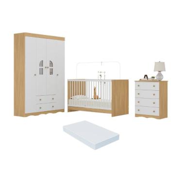 Imagem de Quarto De Bebê Completo Com Berço 3 Em 1 Com Colchão Incluso Liz Multimóveis MP4571 Madeirado-branco