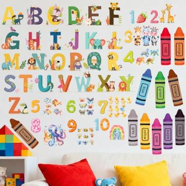 Imagem de 56 peças de adesivos de parede com números do alfabeto de animais ABC Letras Números Adesivos Lápis Coloração Aprendizagem Educacional Decalques de Parede Arte de Sala de Jogos Decalques Arco-íris