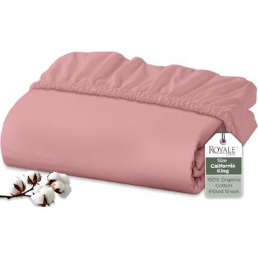 Imagem de Royale Linens Lençol com elástico 100% algodão orgânico – tecido percal – lençol de baixo com bolso profundo super macio – lençol com elástico branco King – somente lençol com elástico California King