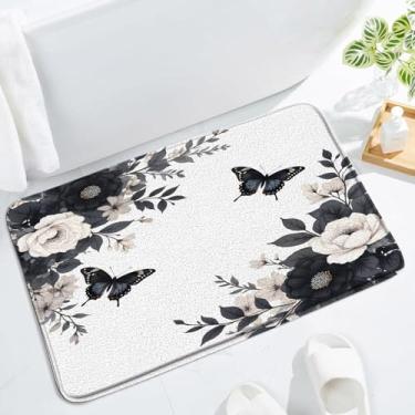 Imagem de Tapete de banho floral preto vintage flor escura borboleta botânica aquarela planta natureza simples estética tapete de banheiro tapete de chão