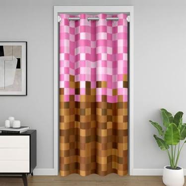 Imagem de Manfei Cortina de porta de grade pixelada, cortina de porta de prédio de mineiros decoração de quarto, cortinas de entrada de gamepad de desenho animado, cortina blackout marrom rosa 1 painel 86 cm L