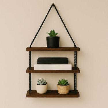 Imagem de Prateleira Suspensa Artesanal com Corda | 1, 2 ou 3 Andares em Madeira Pinus Natural ou Imbuia(Tres Andares Imbuia)