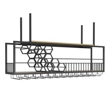 Imagem de GKPSSURV Rack de exibição de vinho moderno montado na parede com suporte de vidro, rack de vinho montado no teto, organizador de garrafas de vinho, prateleiras flutuantes, prateleira de bar de parede