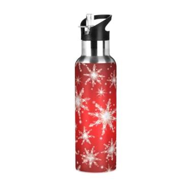 Imagem de Wassud Flocos de neve em fundo vermelho Garrafa de água esportiva de aço inoxidável com isolamento a vácuo de 1000 ml com tampa de canudo à prova de vazamento, copo portátil para viagem de academia