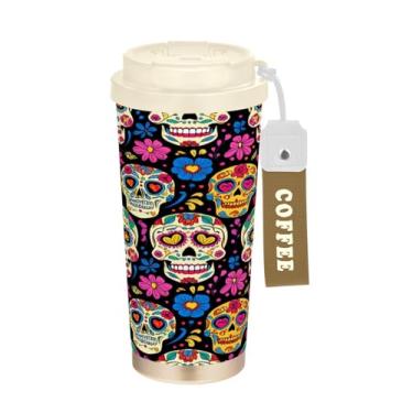 Imagem de STAYTOP Linda caneca de café de viagem com isolamento de caveira de açúcar de 500 ml, copo de café reutilizável de aço inoxidável com tampa flip à prova de vazamento à prova de vazamento para