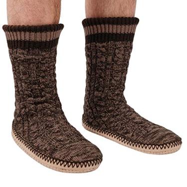 Imagem de Meias masculinas de tricô de inverno antiderrapante para casa quente, meias macias aconchegantes com manteiga de karité infundida, Marrom, S 10-11