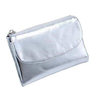 Imagem de Carteira unissex de couro seixo, porta-cartão de moeda de couro legítimo curto de 14 cm, bolsas de mão unissex, pode guardar moedas, cartões de identificação, Prata