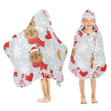Imagem de Burbuja Capivaras usando chapéus de Natal toalha de banho com capuz para crianças, toalha de praia de pelúcia macia absorvente para meninas e meninos 3-10 anos, 61 x 127 cm