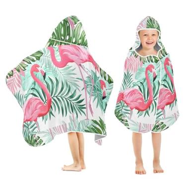 Imagem de Burbuja Flamingos Toalha de banho com capuz de folhas verdes para crianças, toalha de praia de pelúcia macia absorvente para meninas e meninos 3-10 anos, 61 x 127 cm
