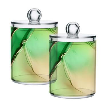 Imagem de STAYTOP 2 frascos de boticário Qtip Dispenser com etiquetas - Recipiente de armazenamento Qtip de plástico transparente acrílico para bola de algodão, cotonete, grão de café - textura de mármore