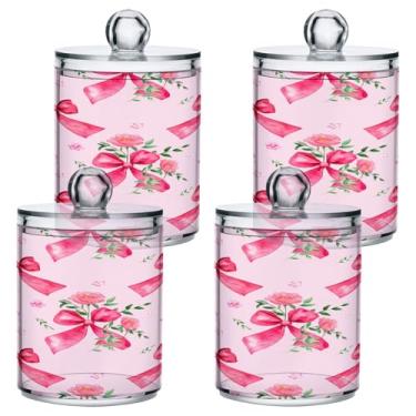 Imagem de STAYTOP 4 frascos de boticário com dispensador Qtip para banheiro com etiquetas – Recipiente de armazenamento Qtip de plástico transparente para bola de algodão, cotonete, grão de café - laços rosa