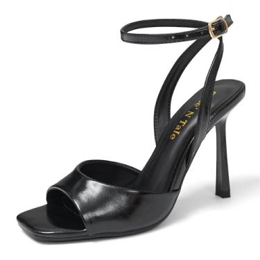 Imagem de Shoe'N Tale Sandálias de salto para mulheres, salto de malha, salto gatinho, fivela, bico quadrado, salto agulha, Preto, 35