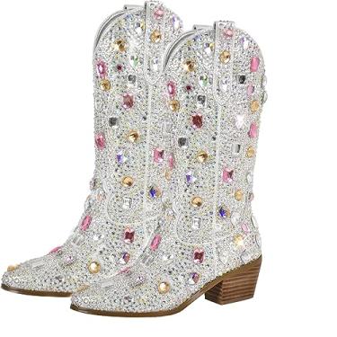 Imagem de Richealnana Botas femininas brilhantes estilo caubói estilo cowgirl botas de cano alto para mulheres 5 cm de salto brilhante abas de puxar, Gem, prata, 7