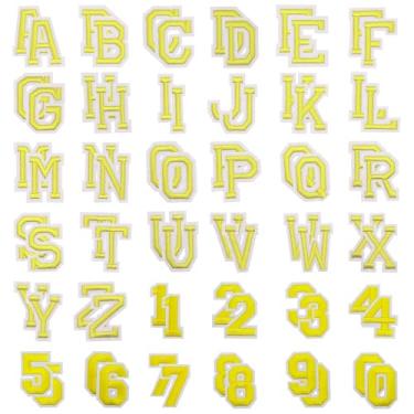 Imagem de Allazone Aplique costurado, letras e números, ferro em remendos, A-Z e 0 a 9 apliques bordados para artesanato DIY, roupas, chapéu, jaqueta, mochila (amarelo)