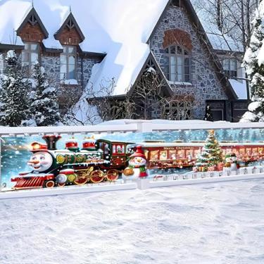 Imagem de HOMETITUTE Faixa de trem de Feliz Natal 395 x 50 cm, boneco de neve, cenário de árvore de Natal, decorações de férias para parede, quintal, varanda, cerca, festa ao ar livre, exibição de festa de