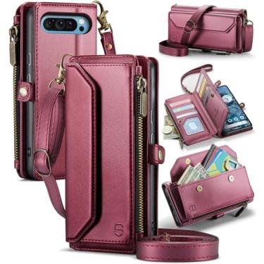 Imagem de Strapurs Capa tipo carteira compatível com Google Pixel 10 Pro XL com bloqueio de RFID, 10 cartões, couro sintético macio, alça de ombro com fecho magnético, capa para celular com zíper, adequada para