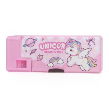 Imagem de Dynamart Estojo Escolar Infantil Retrô Automático, 3 Divisórias, Apontador Duplo, Plástico ABS, 24,5x9,5cm, Detalhe 3D, Botões Automáticos, Tabuada Traseira, para Crianças +5 Anos (Unicórnio)