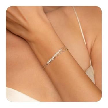 Imagem de Pulseiras de pérolas douradas para mulheres, modernas e delicadas em camadas, pérolas, miçangas, berloque, pulseiras, empilháveis, joias modernas, presentes, One Size, Metal, Sem Pedra Preciosa