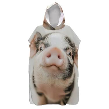 Imagem de Roupão para adultos poncho de surfe com capuz toalha de natação bonito plus size adulto ponchos para mulheres fofo porco rosa preto impressão