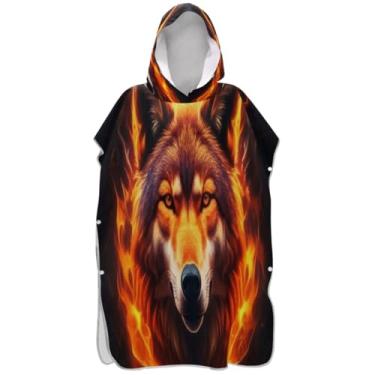 Imagem de Joisal Majestic Wolf Fiery Flames Poncho de surf para trocador adulto toalha de natação com capuz plus size homens mulheres poncho com capuz