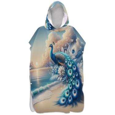 Imagem de Joisal Poncho de surfe vestível para adultos trocador de roupa de praia com capuz toalha de banho azul pavão estético adulto ponchos para mulheres