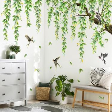 Imagem de Supzone Decalques de parede de videira pendurados em ramo de árvore com folhas verdes pássaros adesivos de parede para sala de estar quarto sofá TV fundo