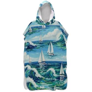 Imagem de Joisal Poncho de surfe plus size trocador de roupão adulto praia moletom toalha floral aquarela ondas veleiros mar ponchos adultos para mulheres