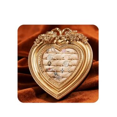 Imagem de Teppdfann Suporte de anel de coração vintage banhado a ouro 14K para mulheres - Suporte de exibição de joias com almofada de veludo, organizador de anéis de casamento e noivado para presente de