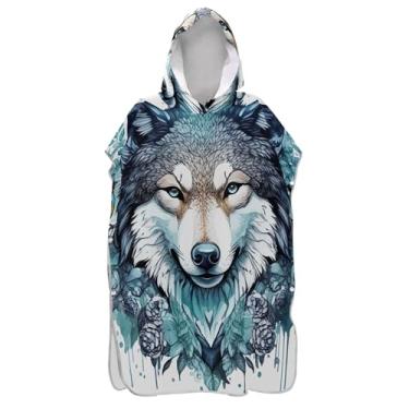 Imagem de TSENQUE Poncho de surfe trocador de roupão adultos praia banho com capuz reutilizável unissex adulto poncho com capuz aquarela azul cabeça de lobo