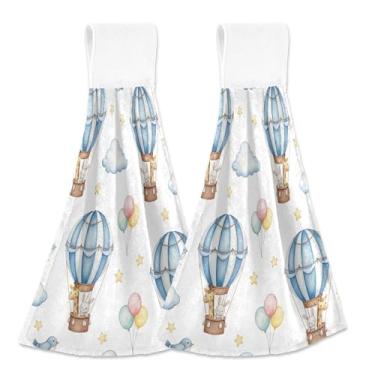 Imagem de Balões de ar quente toalhas de mão azuis e brancas com laço de pendurar absorvente macio conjunto de 2 toalhas de gravata de forno fofas personalizadas decoração de cozinha 18,2 x 14 polegadas