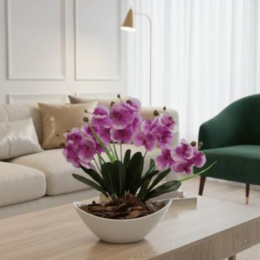 Imagem de Orquídea Artificial Arranjo Decorativo com Vaso e Casca Polida Sem Cuidados, Ideal para Sala e Escritório Perfeito para Decoradores Residenciais e Empresariais(Roxo)