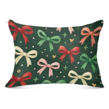 Imagem de Capa de almofada de flanela grande com laço de Natal verde vermelho com zíper longo padrão queen king size fronha macia tamanho corporal, tamanho corporal, 53 cm x 137 cm