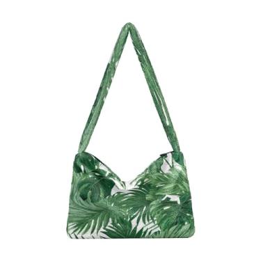 Imagem de Bolsa de ombro com flores laranja e rosa em pelúcia preta, bolsa de ombro para mulheres, bolsas de outono, Folhas de palmeira tropical Green Monstera-2, One Size