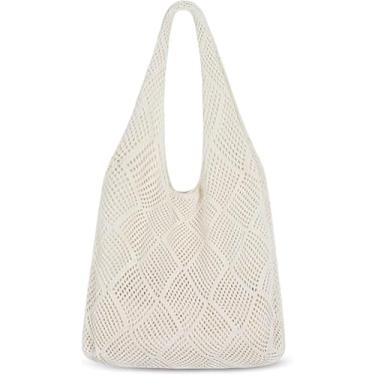 Imagem de Bolsa feminina Boho de crochê, bolsa de malha dobrável, adequada para férias de verão, compras, Branco, Lazer