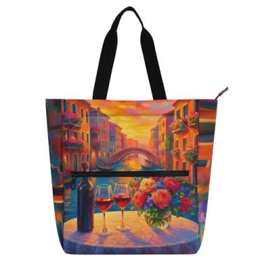 Imagem de GAIGEO Sacola feminina romântica com estampa de flores de vinho com zíper de lona, bolsa de praia, professores, amantes de livros