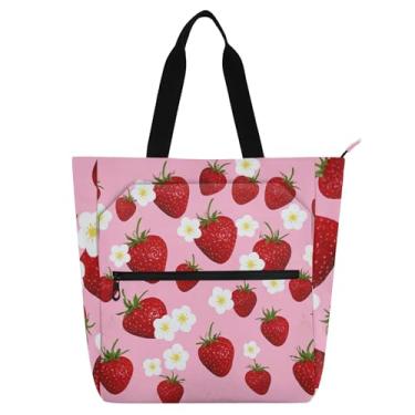 Imagem de GAIGEO Bolsas de trabalho femininas com estampa de morangos vermelhos e flores rosa, bolsa escolar com zíper, presente para professores para amantes de livros