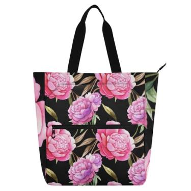 Imagem de Sacola feminina roxa rosa peônias de trabalho para faculdade bolsa escolar bolsas reutilizáveis livros presente para amantes de livros