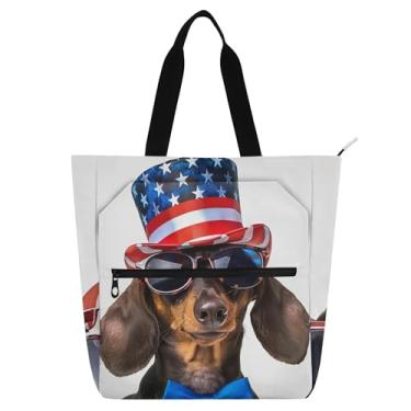 Imagem de Dachshund Dog American Hat Bolsas de trabalho para mulheres, sacola de lona, praia, escola, bolsa reutilizável, presente para amantes de livros