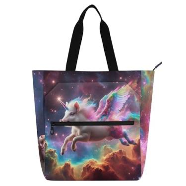 Imagem de GAIGEO Bolsa feminina Unicorn Pig Fancy Universe para trabalho, lona, praia, livro, com zíper, bolsa de professor com compartimentos