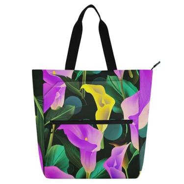 Imagem de Calla Lilies – Bolsa feminina amarela roxa para trabalho, lona, praia, livros, zíper, bolsas femininas, crianças, presentes para amantes de livros