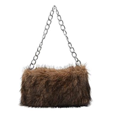 Imagem de Bolsa de ombro de pele sintética para mulheres, bolsas fofas, bolsa de corrente de pelúcia, bolsa peluda, Marrom
